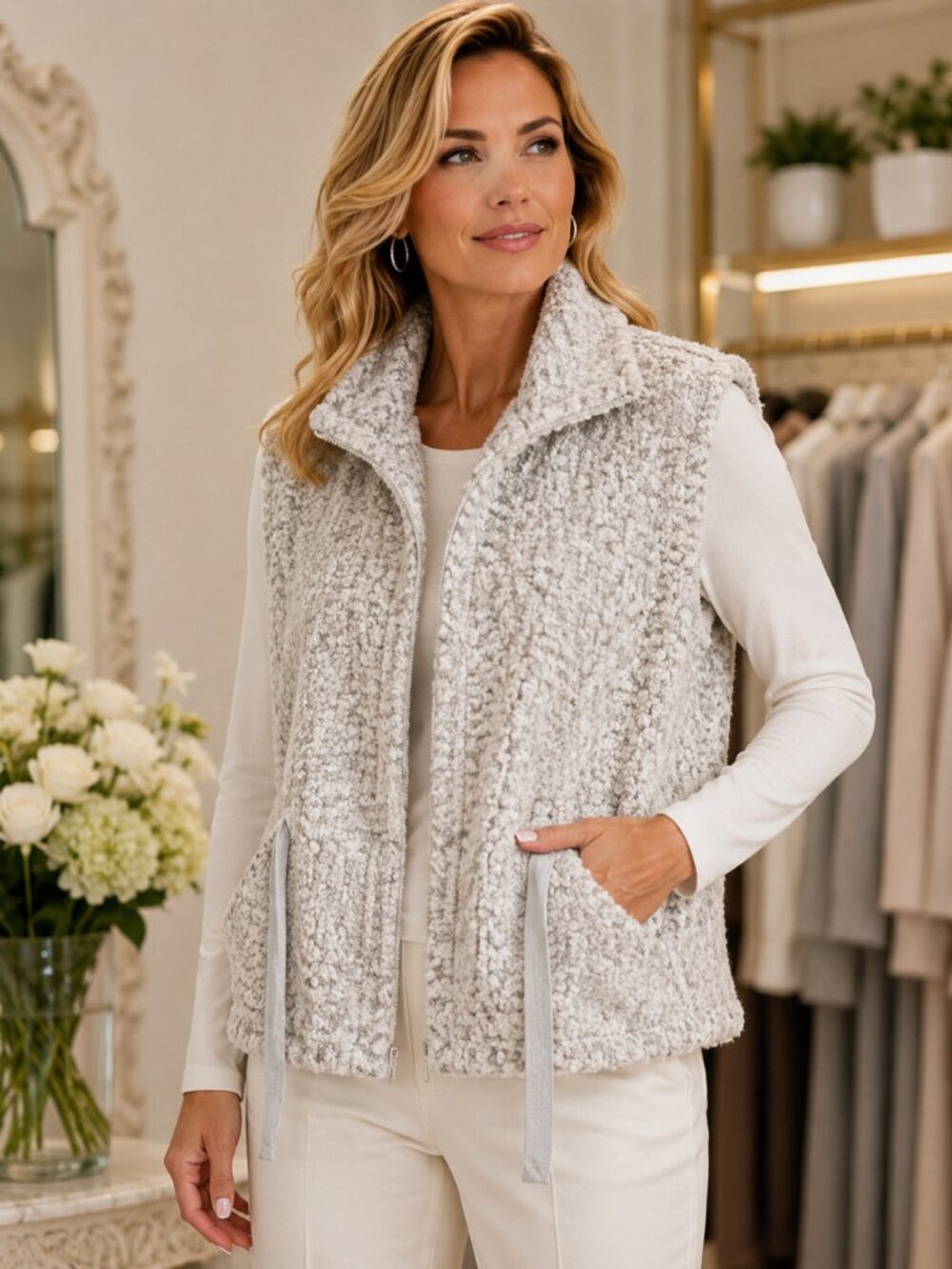 YL497 Grey Faux Fur Vest by Picadilly with Drawstring Waist